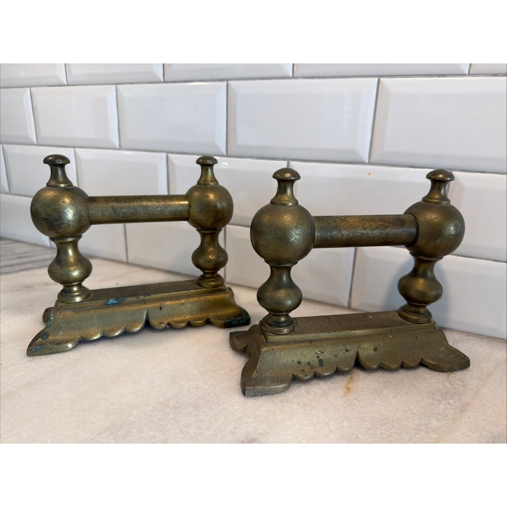 Vintage Set Of 2 BRASS Andiron Fire Dog Tool Rest Great Bookends 0002